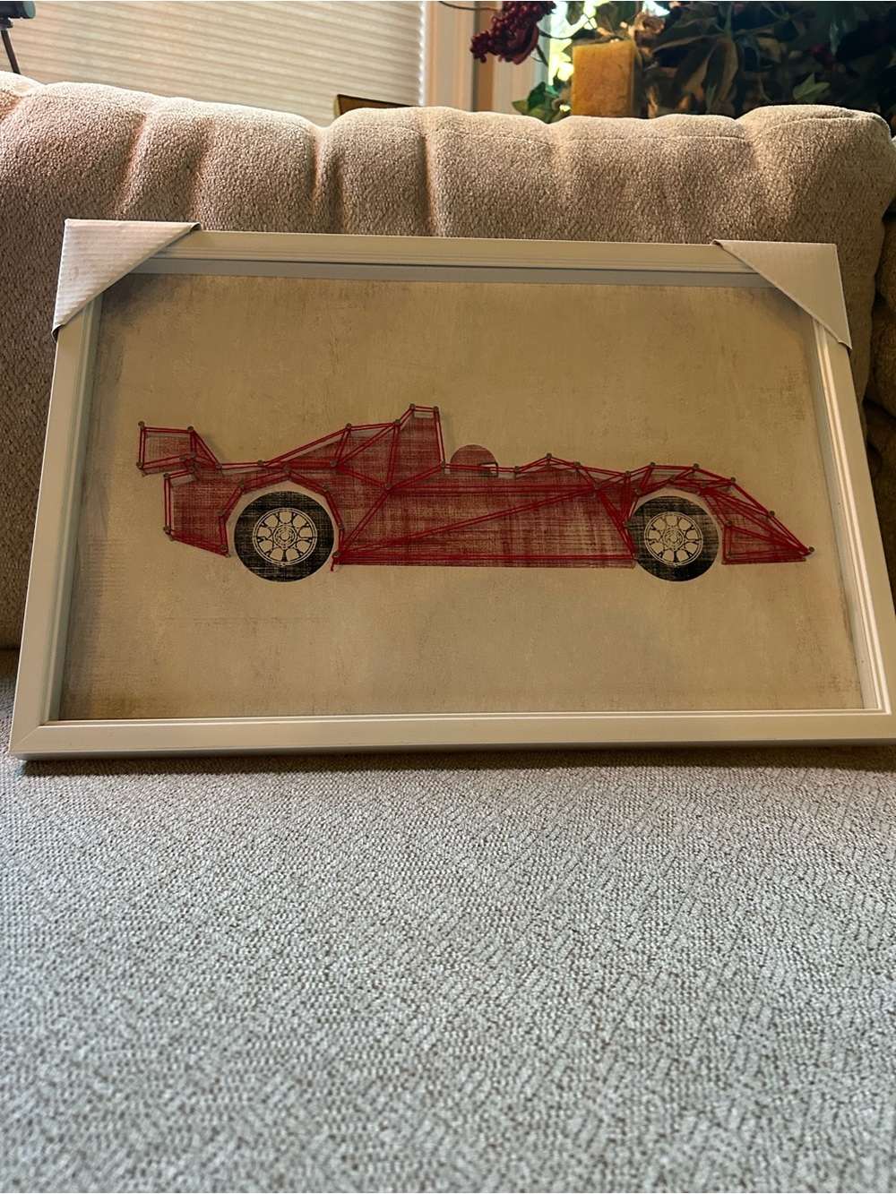 NWT Boy’s Red Race Car Wall Art in White Frame Raised Nail String Art Picture